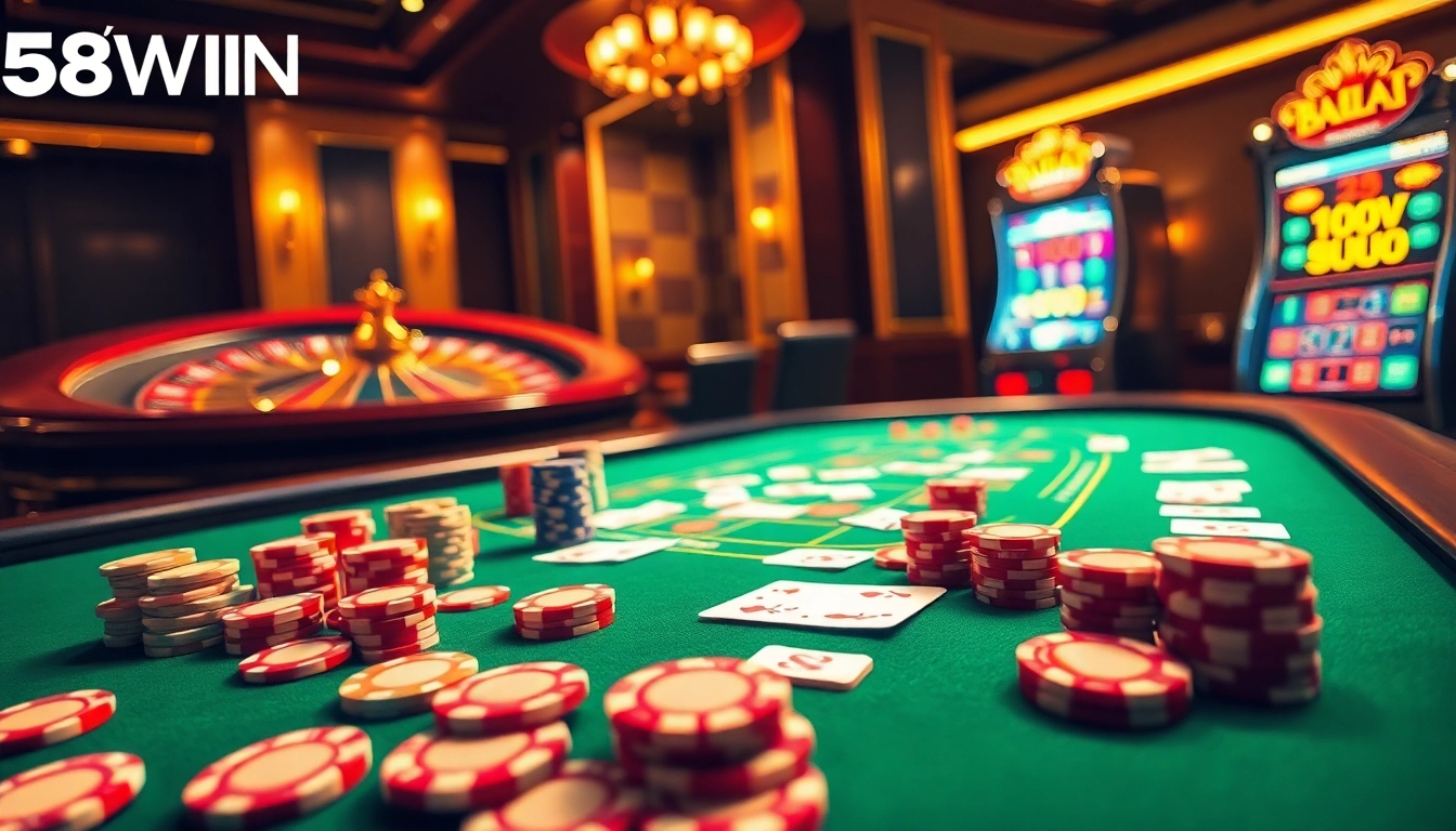 Excited players at a 58WIN casino poker table with vibrant chips and cards.