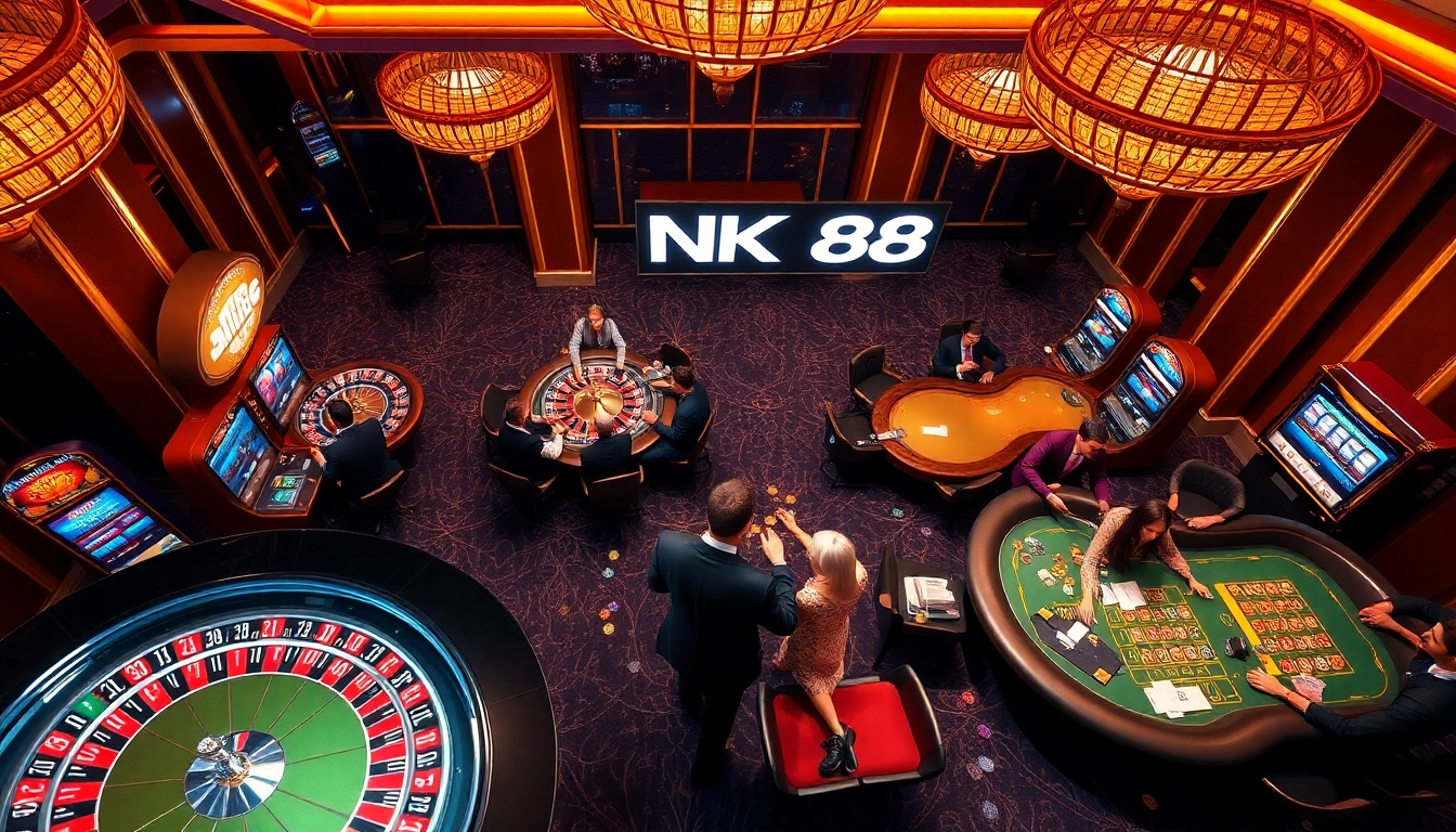 Players enjoying high-stakes gameplay at NK 88 casino with roulette wheels and slot machines.
