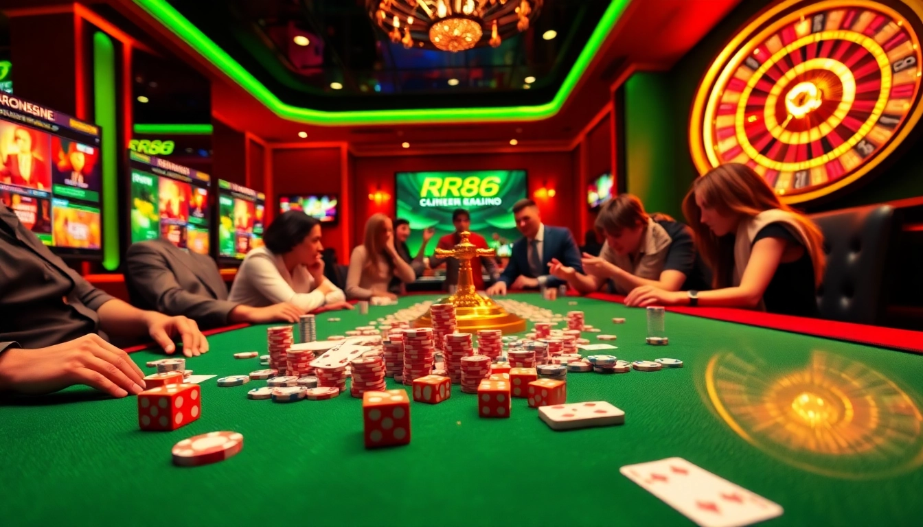 Players enjoying a thrilling moment at an RR88 online casino table with vibrant decor.