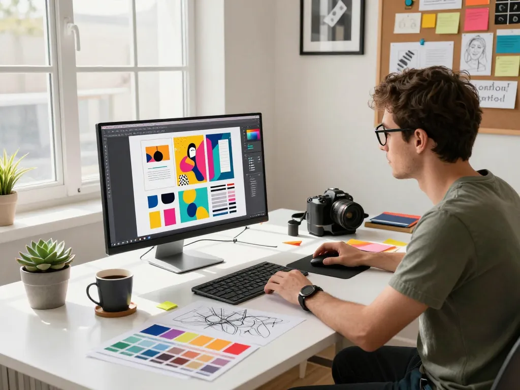 Designer creating vibrant layout at tr886.org workspace with colorful elements and natural light.