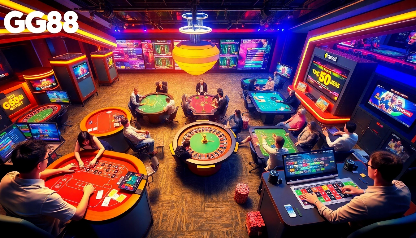 Engaging scene at GG88 showcasing a vibrant online casino atmosphere with lively gaming and betting activities.