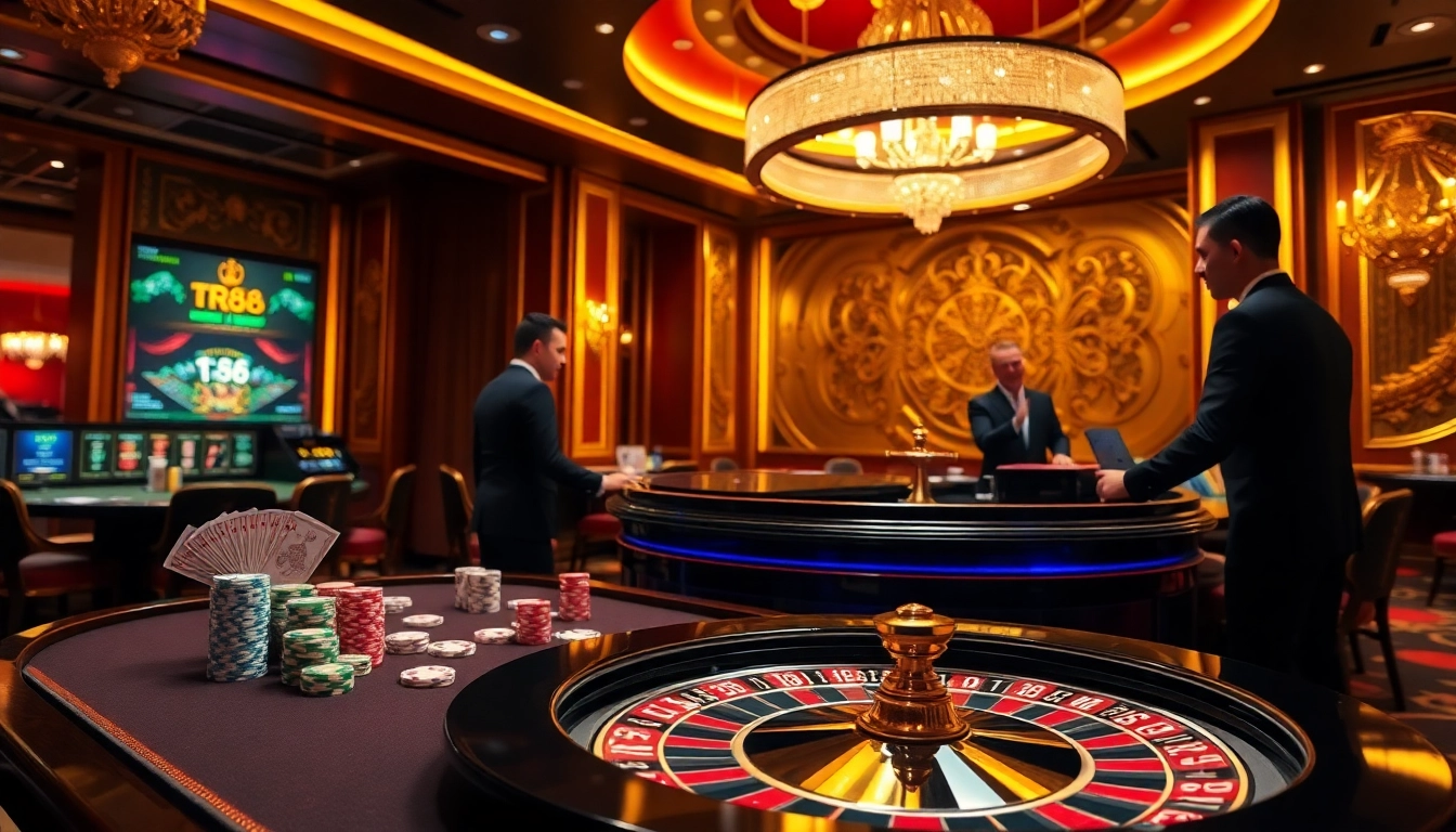 Engaging gambling scene with tr88 betting action, vibrant poker chips, and roulette wheel.
