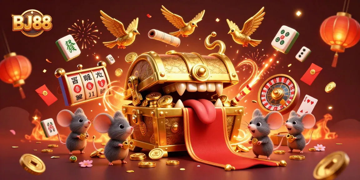 Engage in thrilling casino games with BJ88's enticing treasure chest, glowing coins, and lucky symbols.