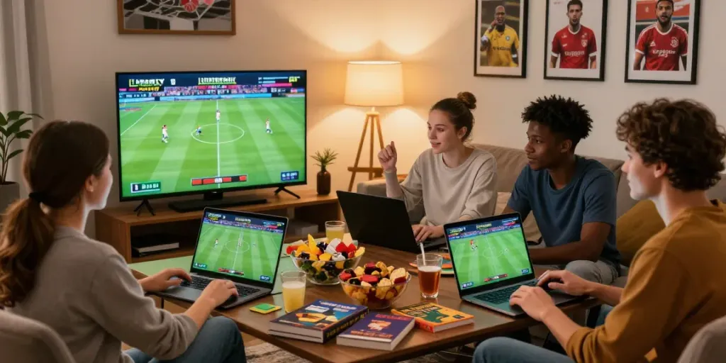 Friends enjoying an exciting 11 bet sports betting session in a cozy living room.