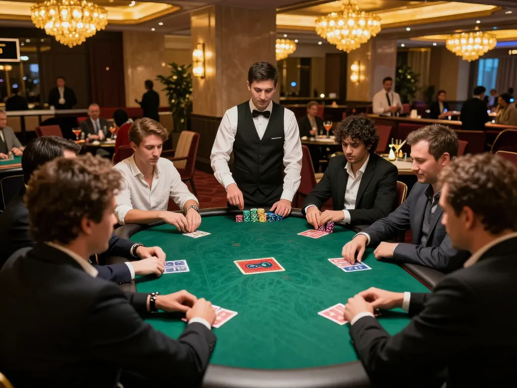 Poker game action at a luxury casino featuring f8betz players engaged with chips and cards.