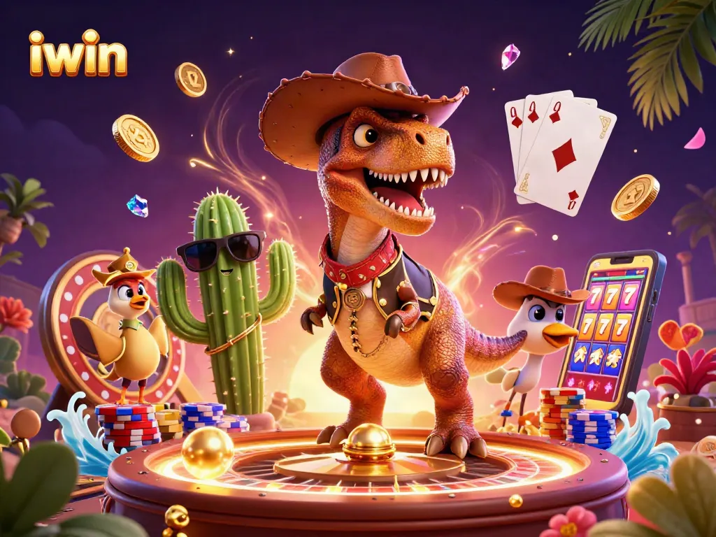 iwin highlights thrilling casino action with a 3D cartoon T-Rex and dynamic game elements.