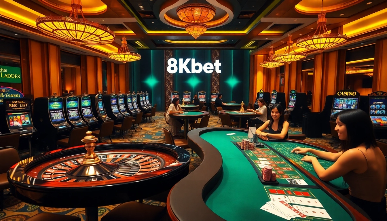 Experience the excitement of betting at 8kbet with vibrant casino visuals featuring games and players.