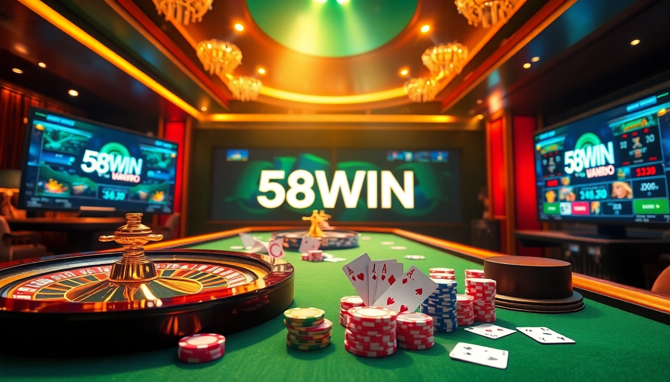 Experience the thrill of 58WIN with vibrant casino visuals showcasing exciting games and betting action.