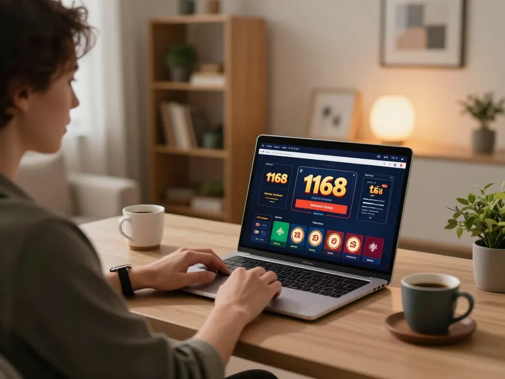 Player using f168 app on laptop in a cozy home office, engaged in online casino gaming.