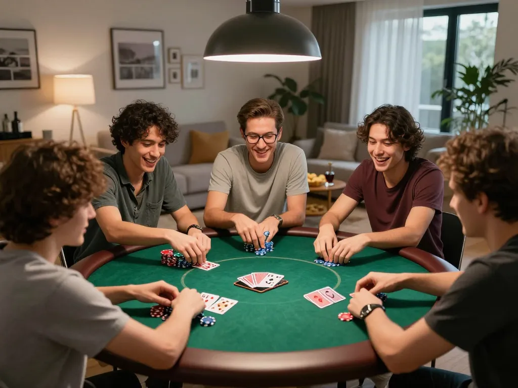 Friends enjoying a competitive poker game at home, showcasing GG88 atmosphere of entertainment and strategy.