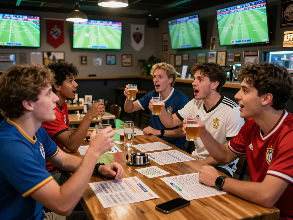 Excited group enjoying soccer predictions at a sports bar during a match.