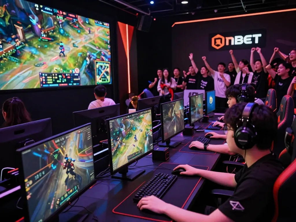Onbet LOL gaming tournament scene with players focused on screens and cheering fans.
