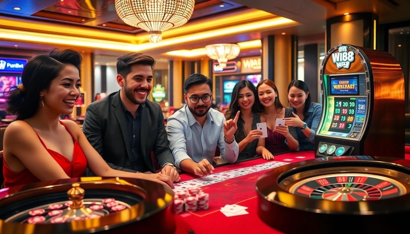 Players enjoying an exciting poker game at win88 casino with vibrant atmosphere and elegant design.