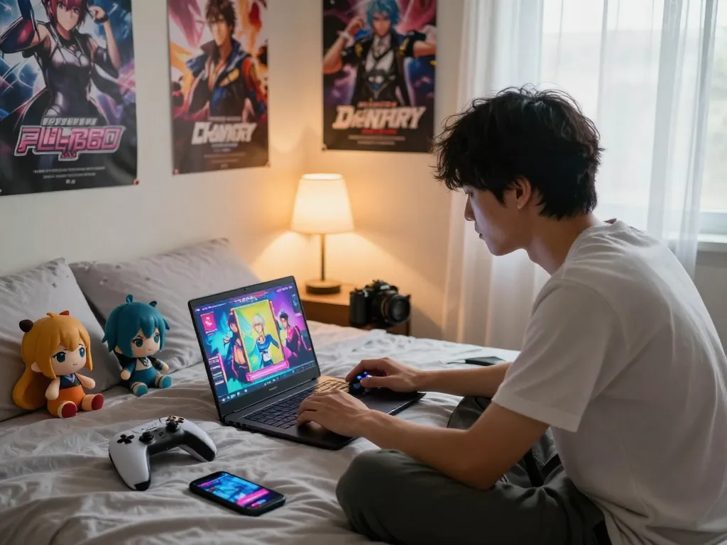 Engaging scene of a young adult playing porn games on a laptop in a cozy bedroom.