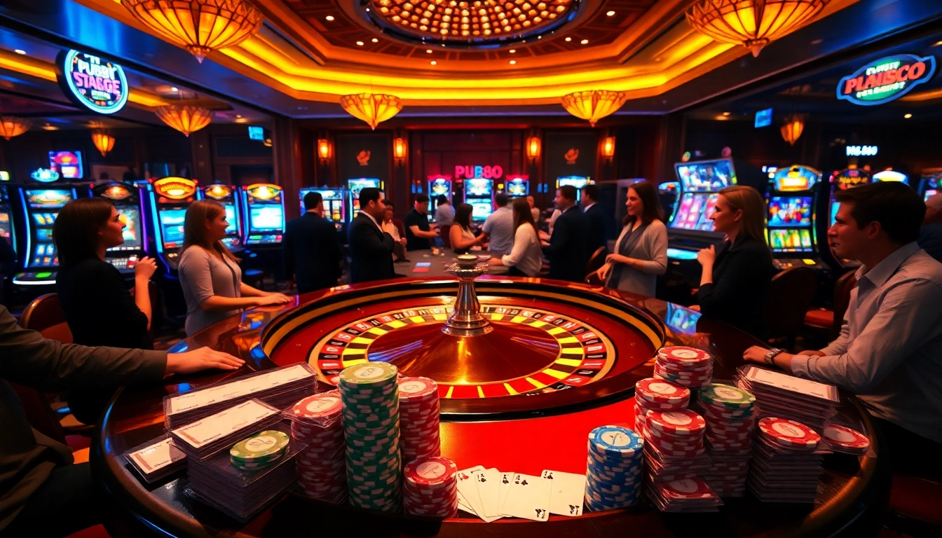 PUB88 casino scene with roulette table, poker chips, and slot machines illuminated in a luxury setting.