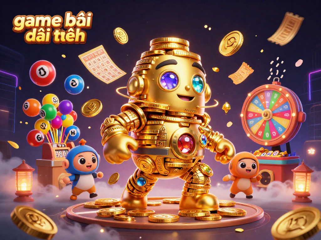 Engage in game bài đổi thưởng with a dynamic 3D illustration featuring vibrant casino elements and a golden golem.