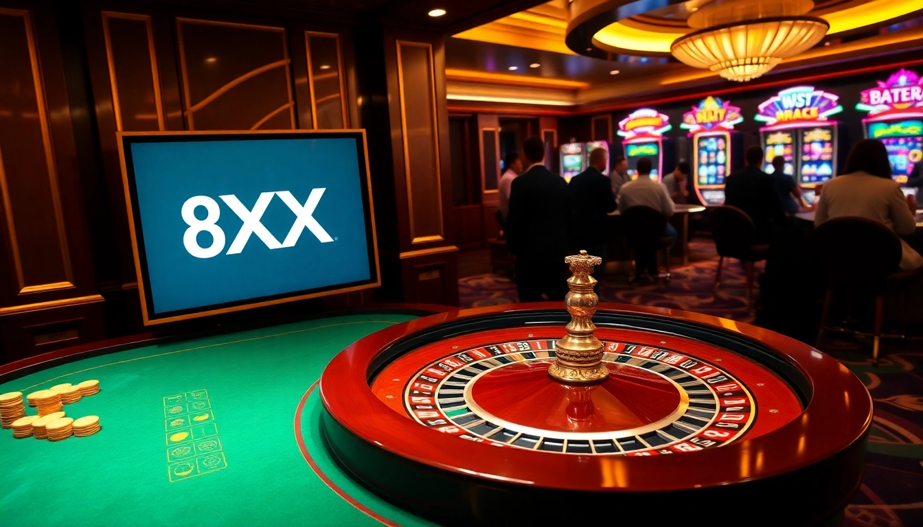Experience excitement at the luxurious 8XX casino with roulette and vibrant slot machines.
