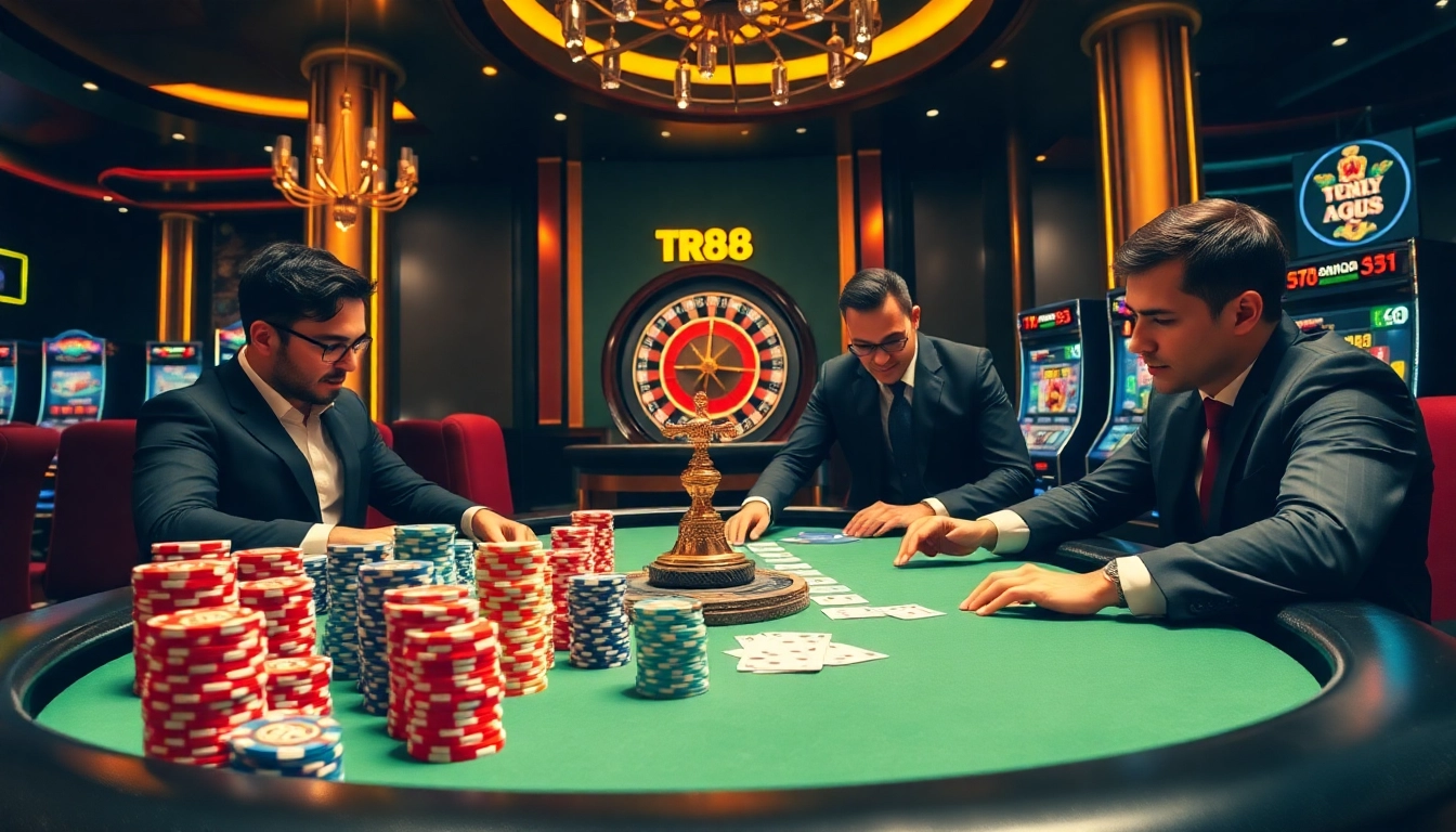 Players strategizing at a TR88 poker table amidst vibrant casino lights.
