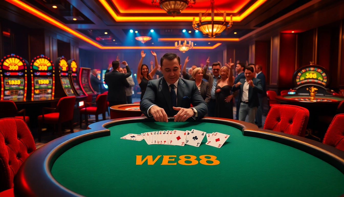 Experience the excitement of WE88 with vibrant casino games and a professional poker table.