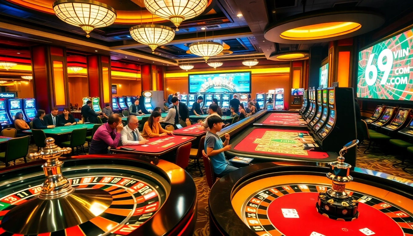 A vibrant casino scene highlighting 69vn.com with players engaged in high-stakes gambling at tables and slot machines.