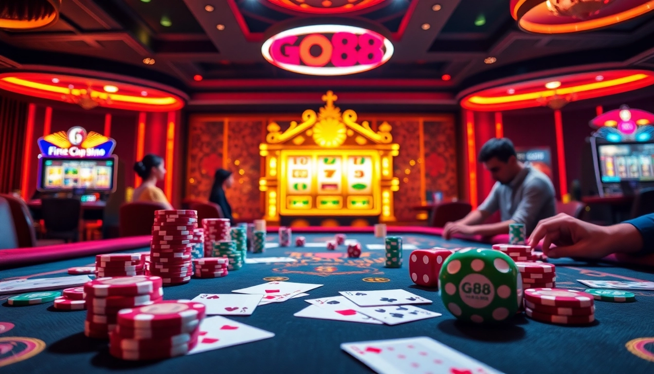 Dynamic gaming scene at GO88 casino table with cards and poker chips.