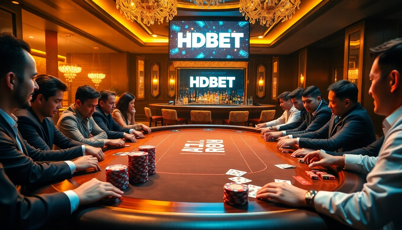 Players strategizing at a poker table in an upscale casino with HDBET prominently displayed.