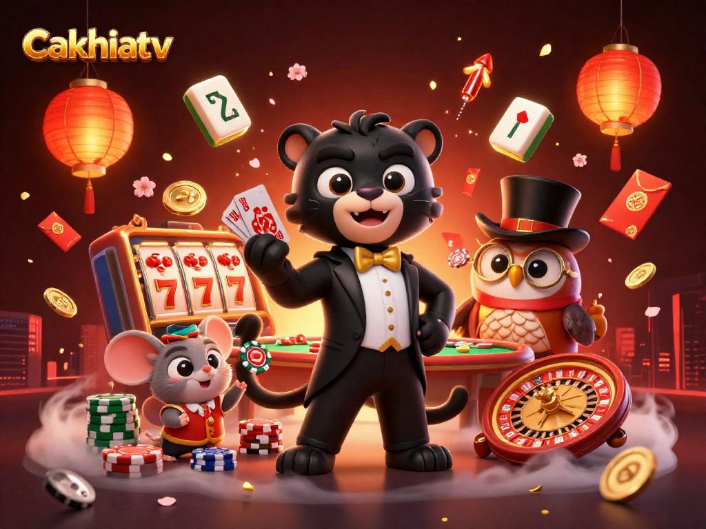 Engage with cakhiatv's vibrant casino scene featuring a tuxedo panther, poker owl, and lucky mouse.