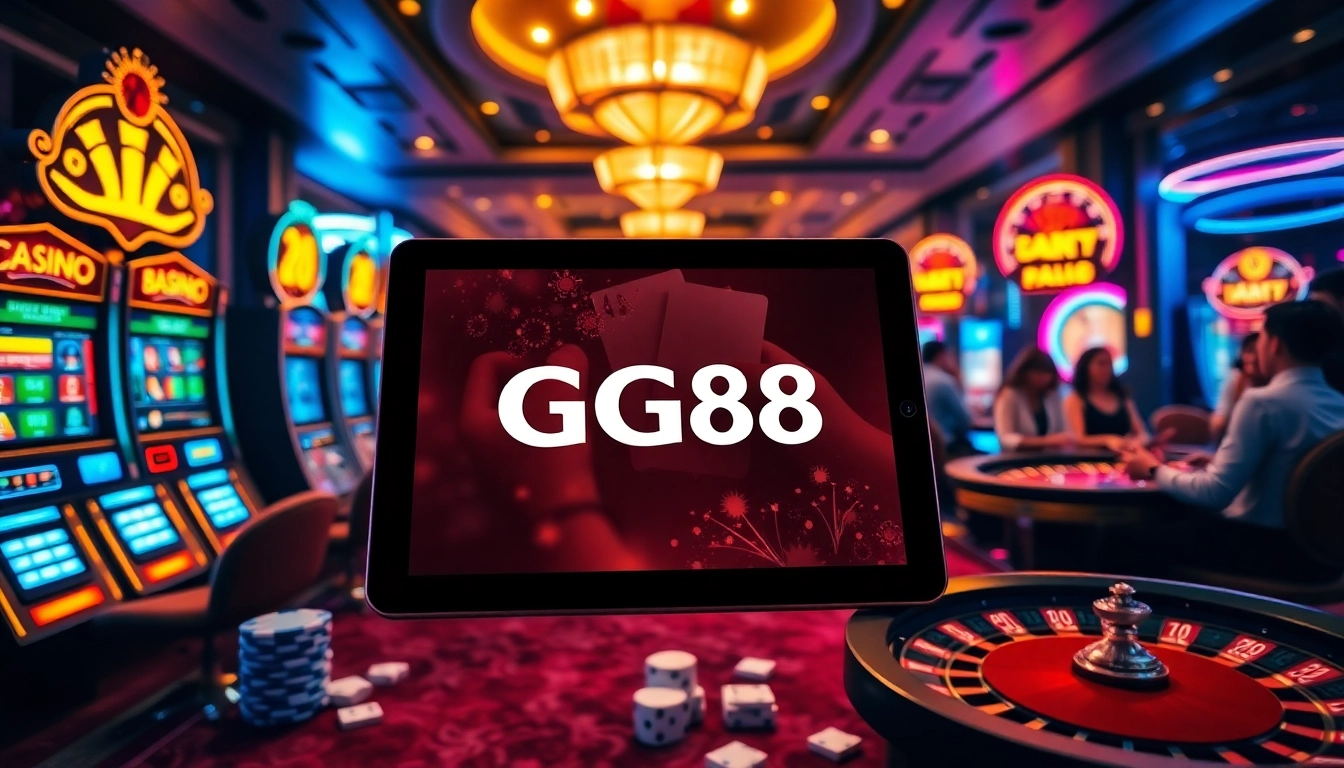 GG88 engaging players at a dynamic casino scene with vibrant slot machines and betting slips.