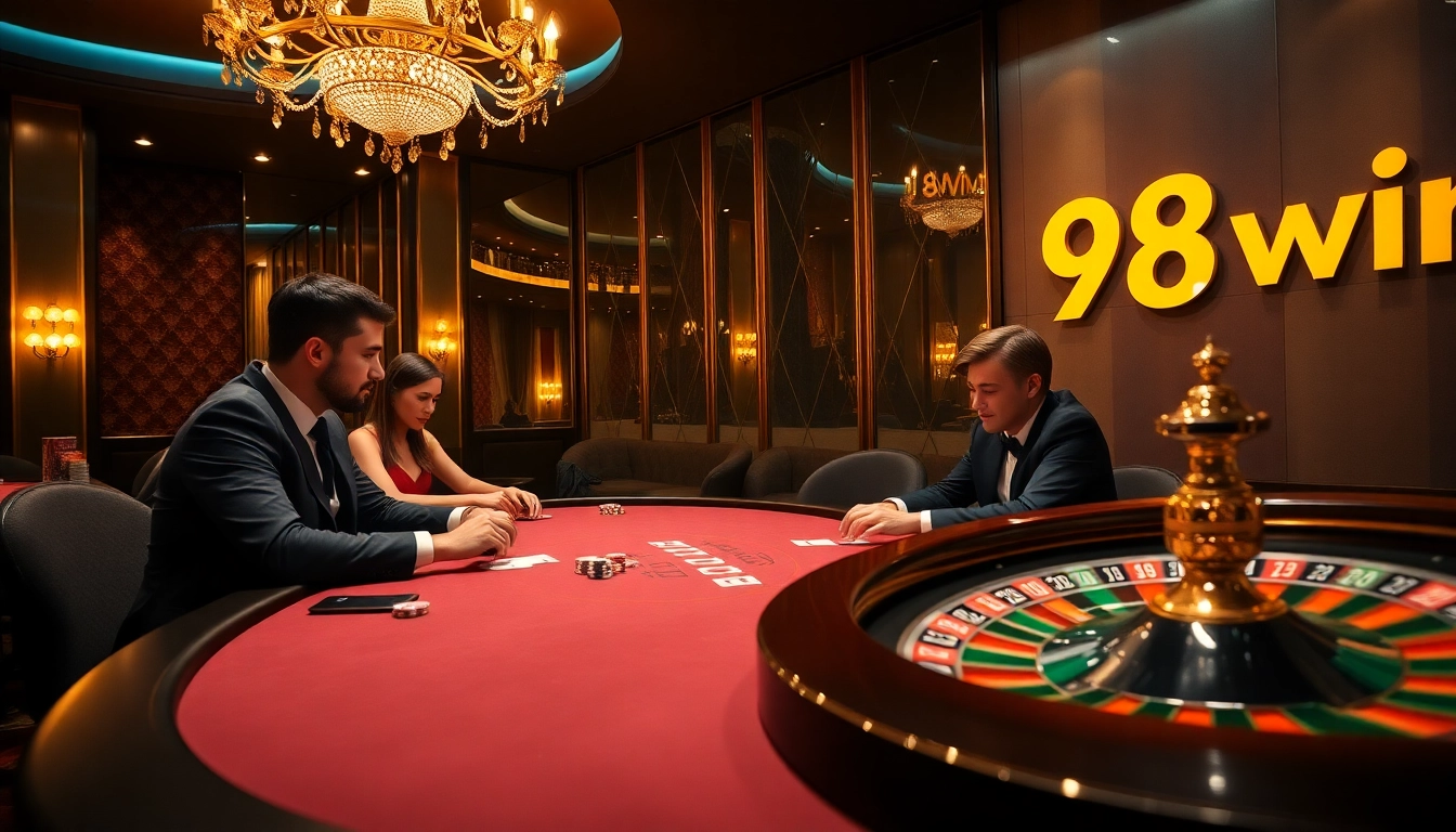 Experience the thrilling atmosphere of 98win’s luxurious casino with elegant players at the poker table.