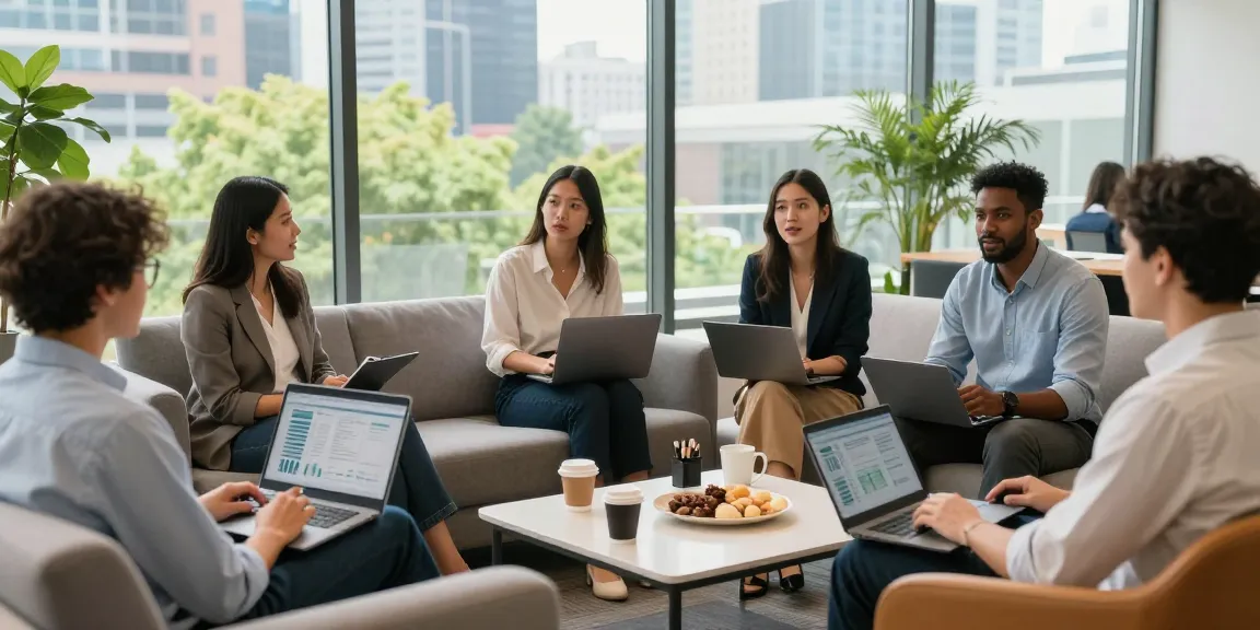 Professionals discussing 123b innovations in a modern office lounge.