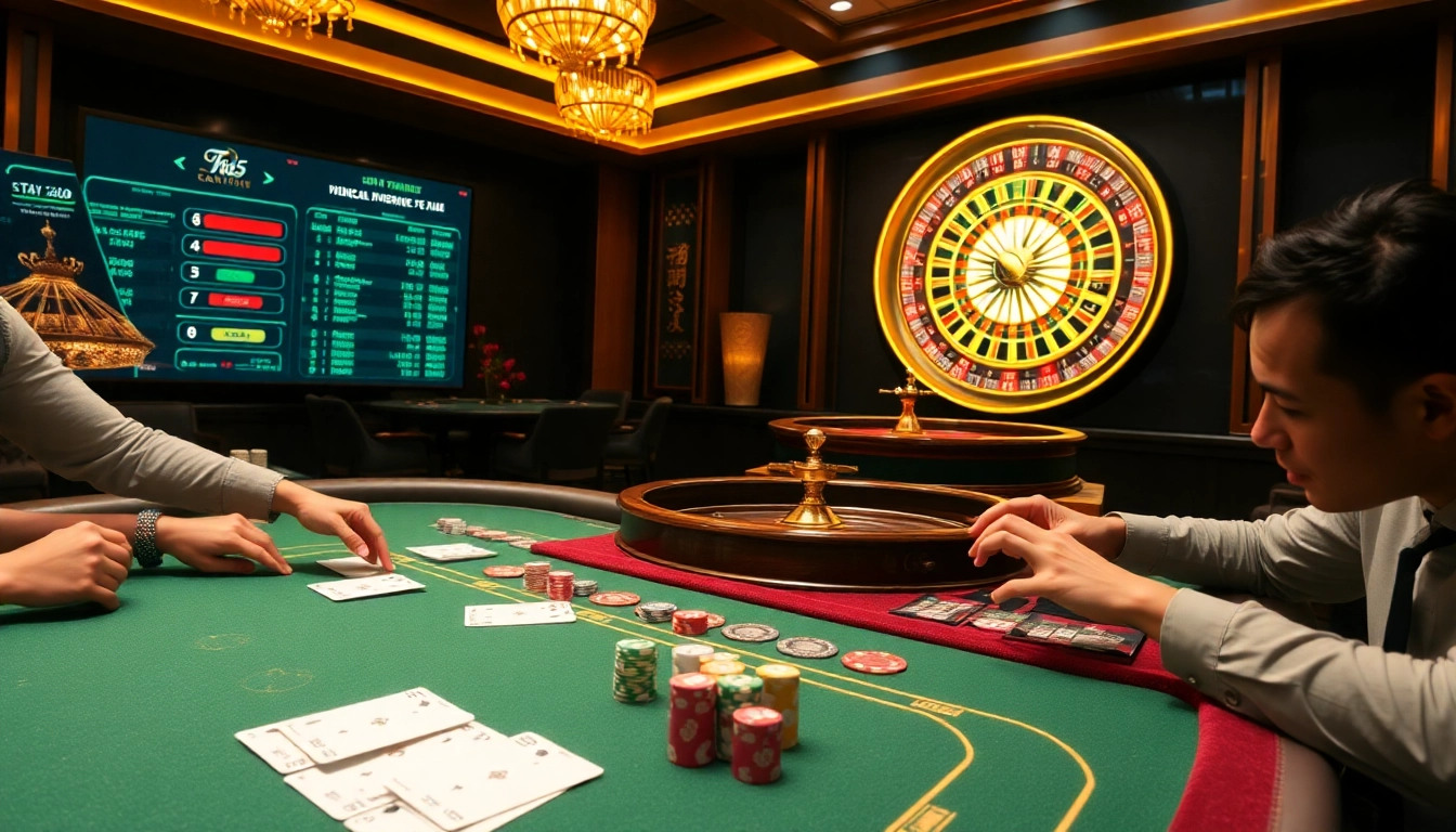 Tài Xỉu MD5 gaming table with players betting excitedly in a luxurious casino atmosphere.