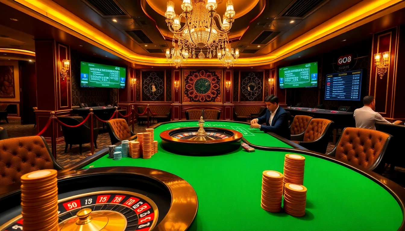 GO8 casino scene featuring poker chips and a roulette wheel, embodying excitement and luxury