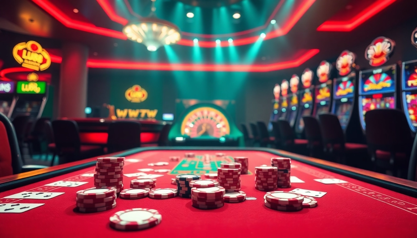 Experience the thrill of gambling at Lu88 with vibrant casino tables, dice, and poker chips.