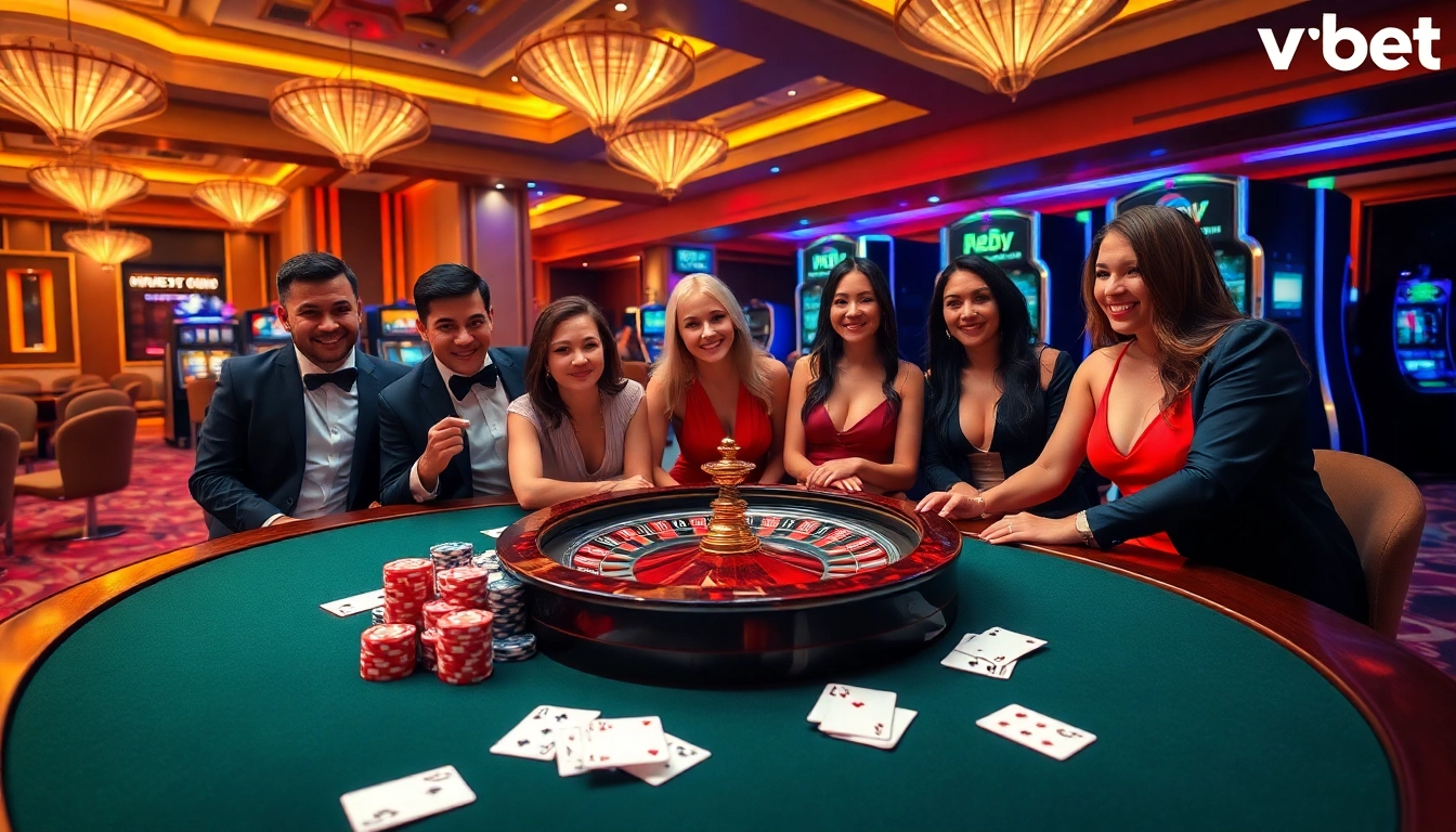 Experience the excitement of v9bet at a luxurious casino table with lively poker players and a vibrant roulette wheel.