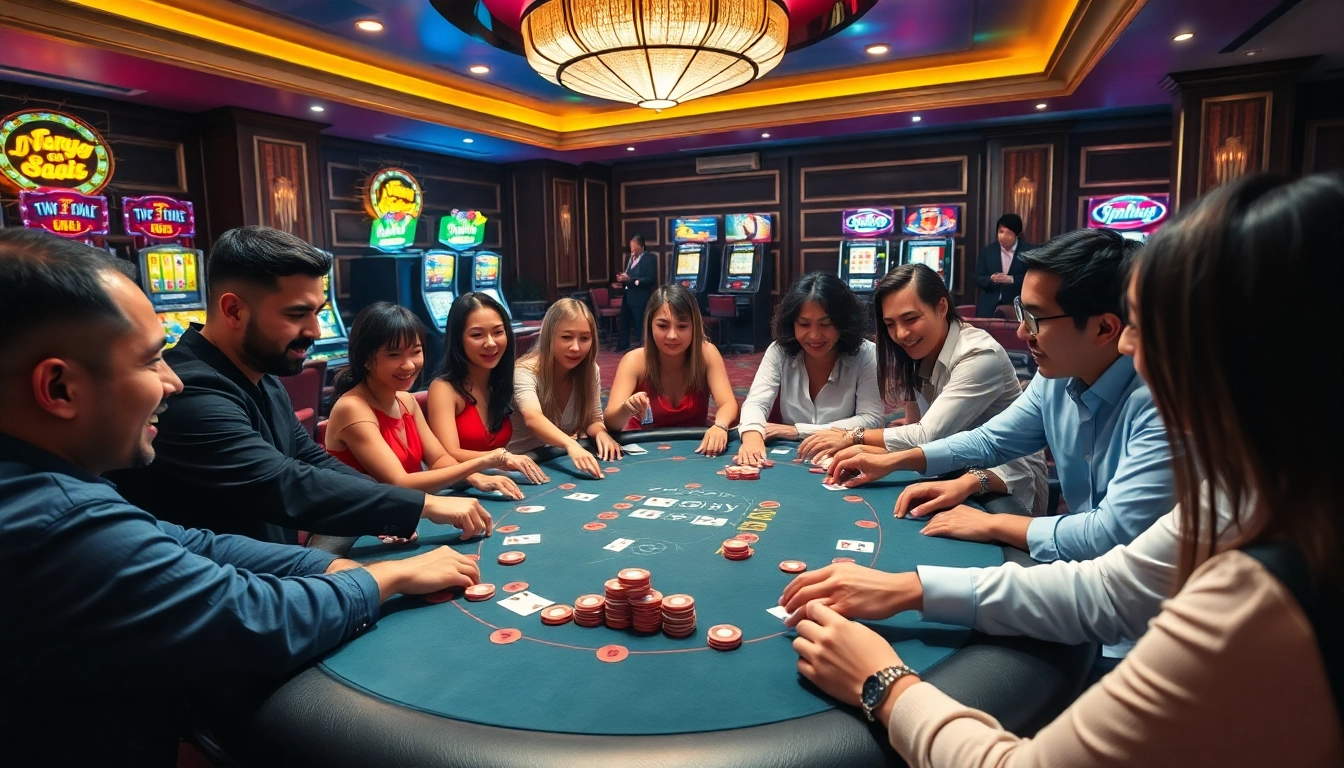 Typhu88 players engaging in high-stakes poker action in a luxurious casino.