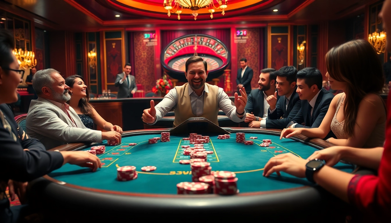Players celebrating a big win at 32WIN's luxurious poker table, showcasing a thrilling casino atmosphere.