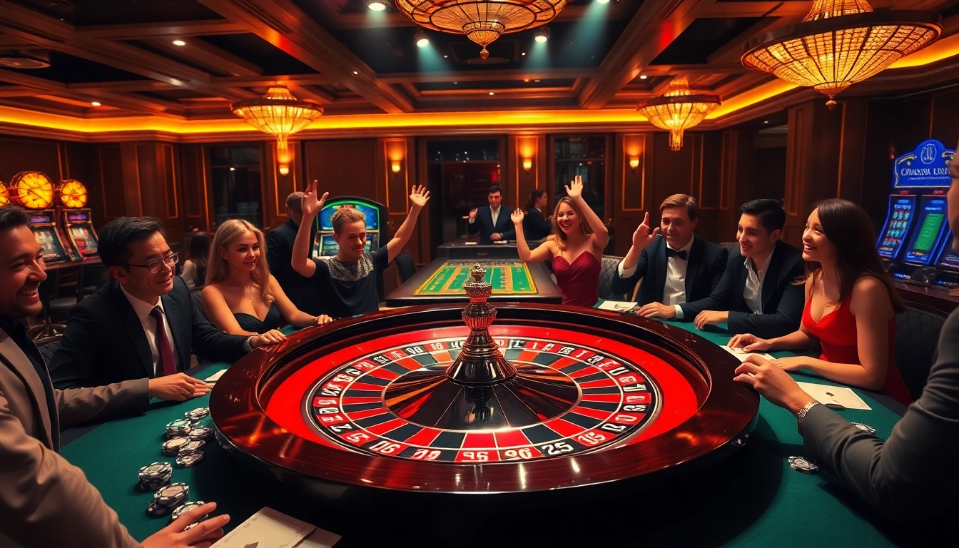 Excited players at a roulette table celebrating wins featuring nk888 nk88 online betting elements.