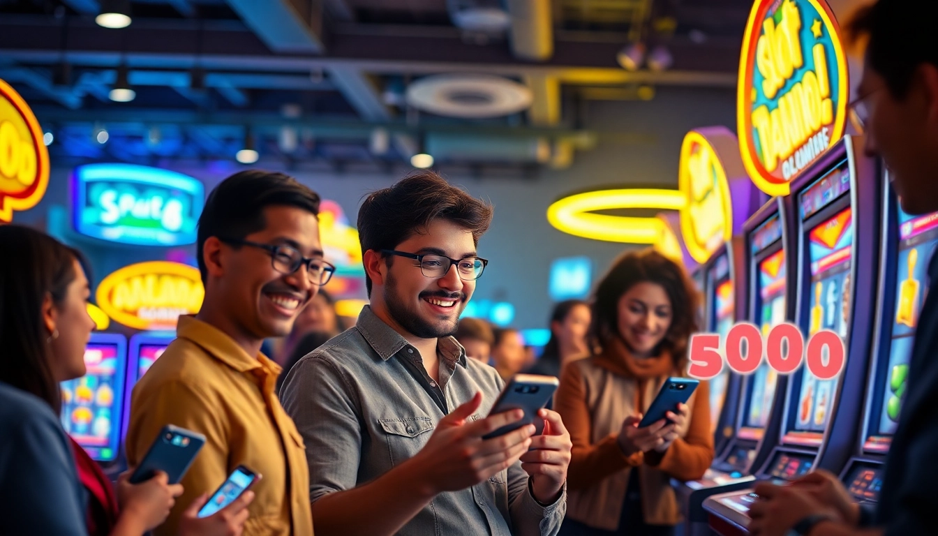 Dynamic gaming scene featuring players enjoying slot dana 5000 on mobile devices in a vibrant atmosphere.