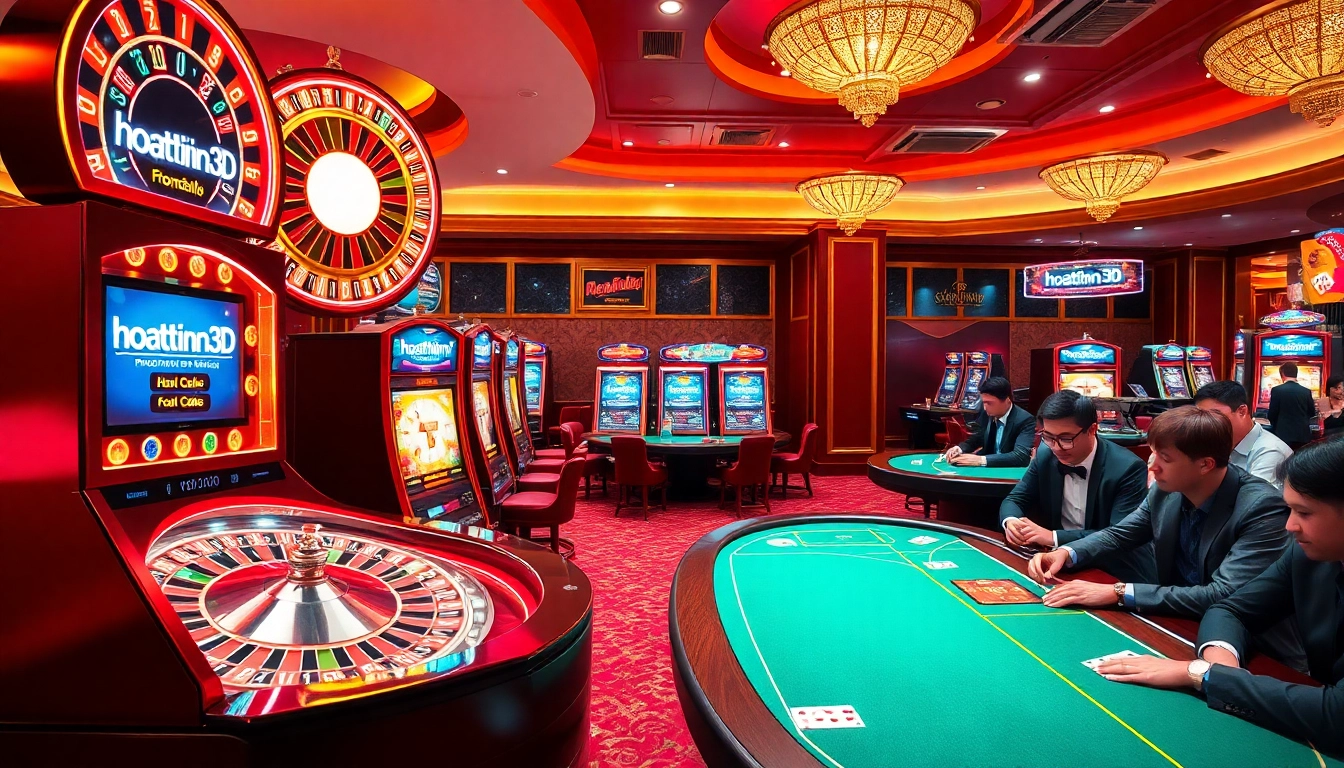 Engage in the excitement of hoathinh3d at a luxurious casino featuring vibrant slot machines and poker tables.