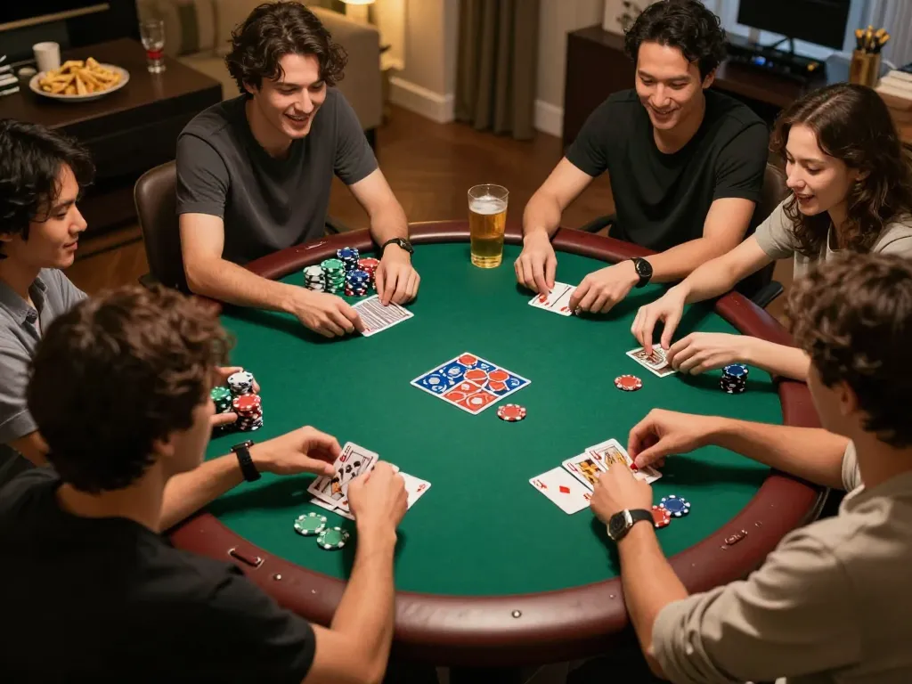 Engaging home poker night with friends playing strategically at the table and enjoying drinks, featuring U888 gaming excitement.