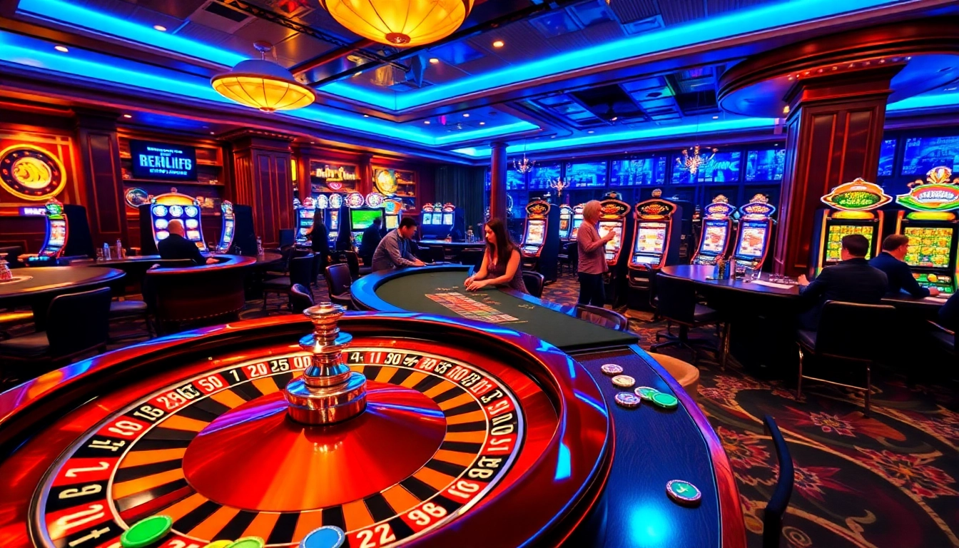 A captivating casino scene showcasing the excitement of gambling at https://888vina.com/ with roulette, cards, and vibrant slot machines.