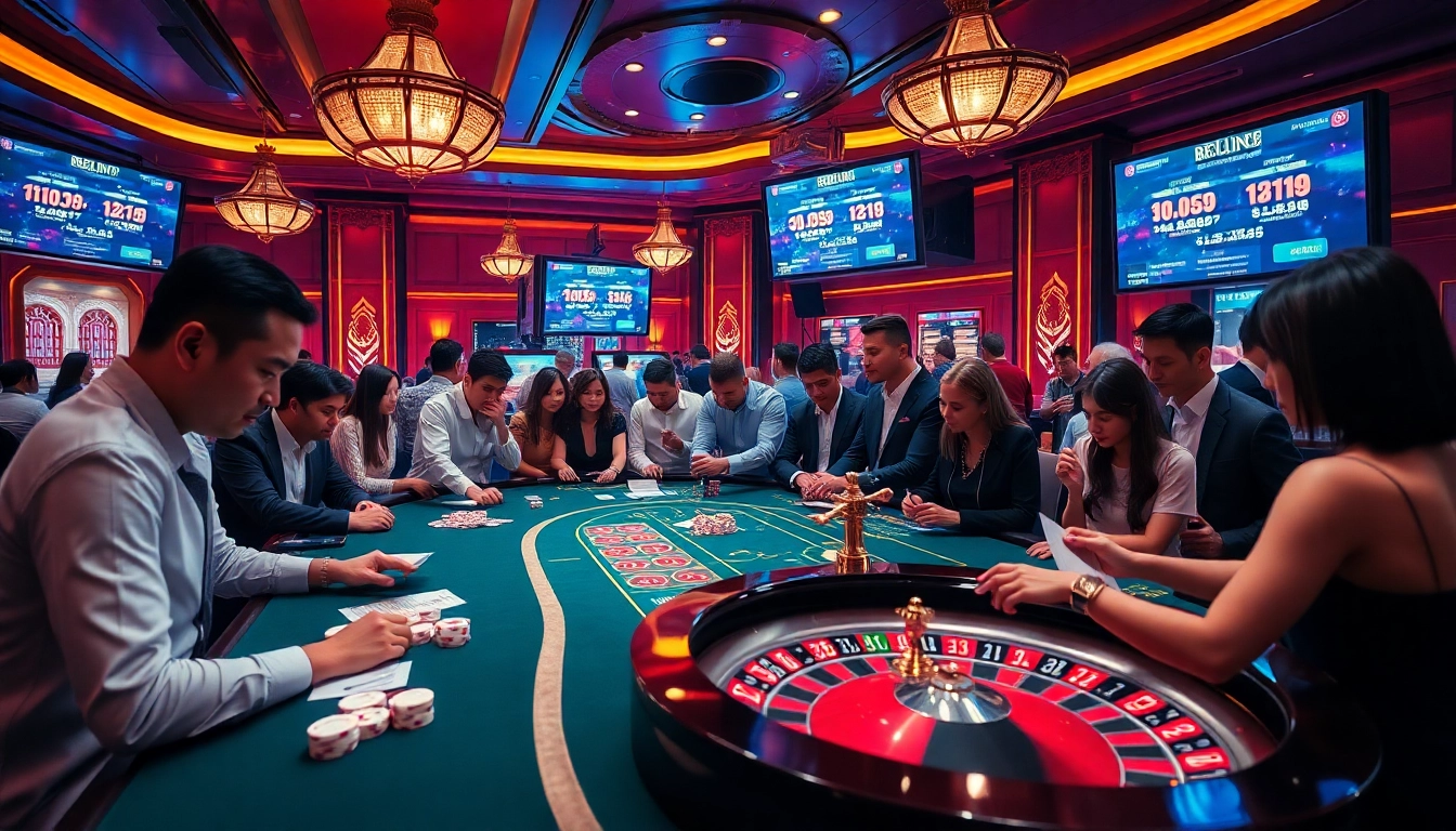 Kèo Nhà Cái reflected in an exciting casino atmosphere with players engaged at poker tables.