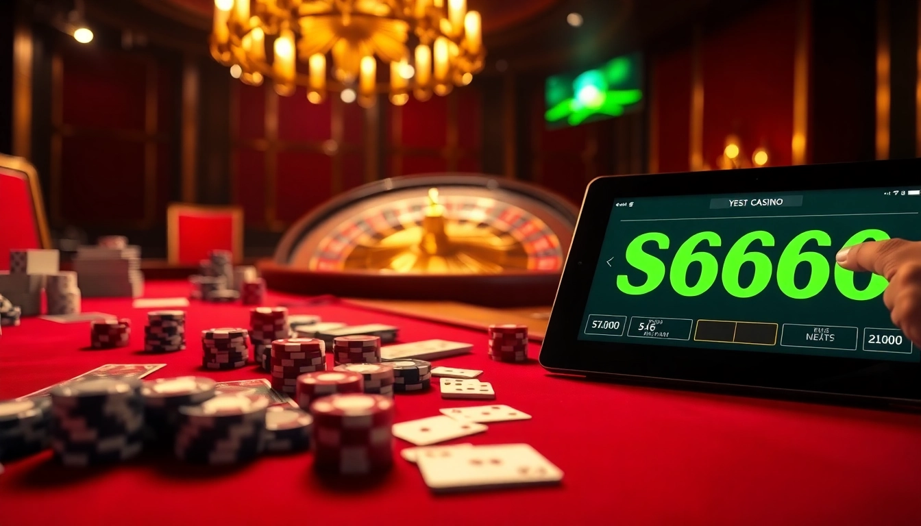 S666 Casino: Players engaging at an elegant gaming table filled with poker chips and dice.