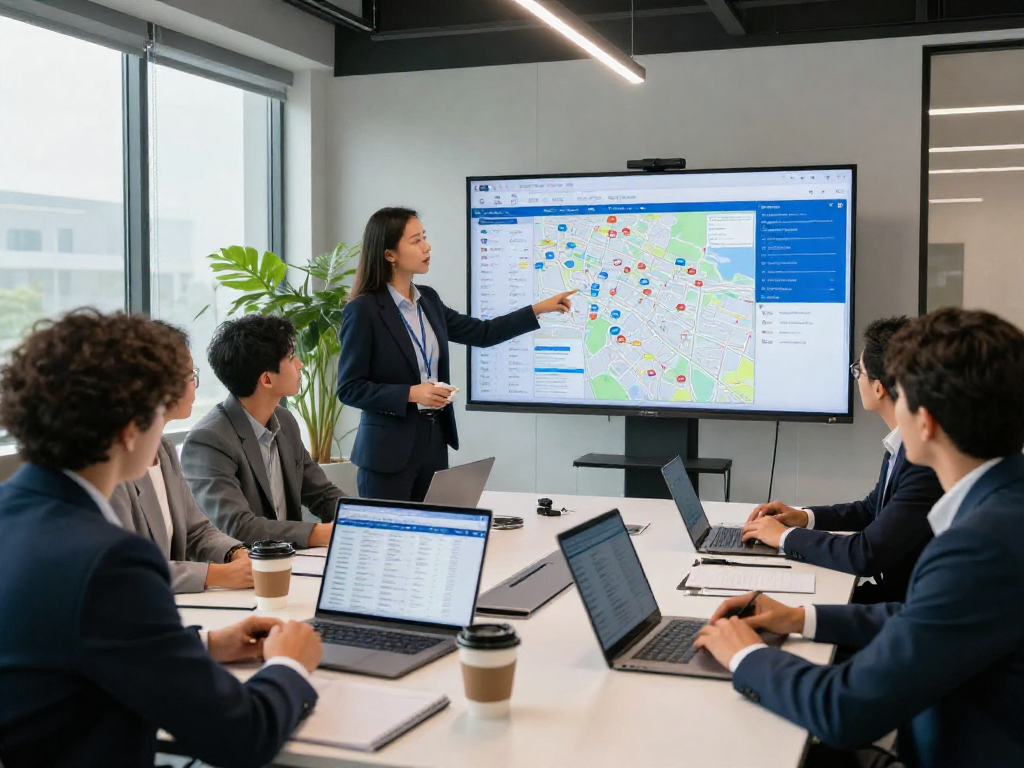 Interactive discussion on IDXSTAR real estate software in a modern office.