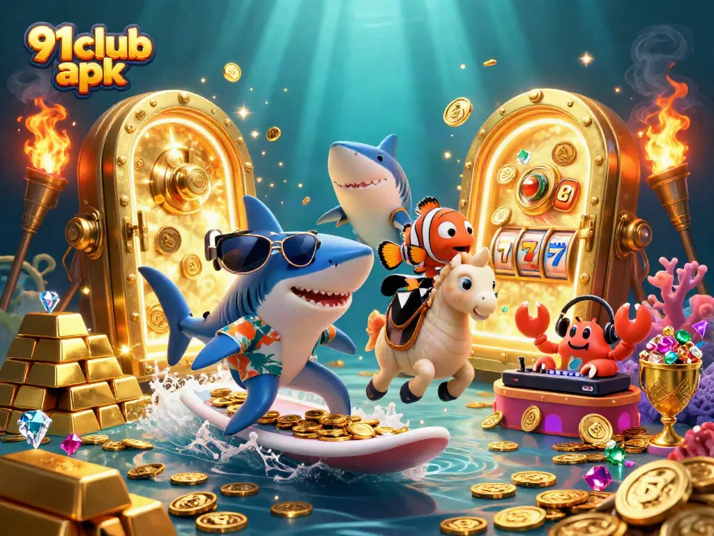 Engage with the vibrant world of gambling in 91club apk, featuring a shark, clownfish, and crab DJ surrounded by treasures.