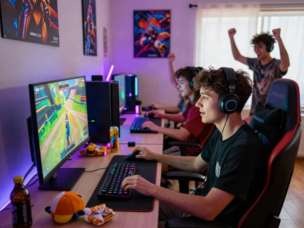 Youth engaged in porngames in a vibrant gaming setup with LED lights.