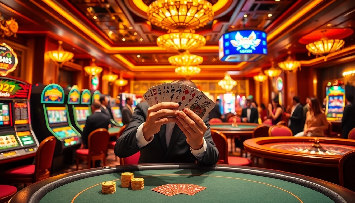 Exciting casino atmosphere showcasing high-stakes gambling at https://xn88.law/, with players enjoying poker and vibrant slot machines.