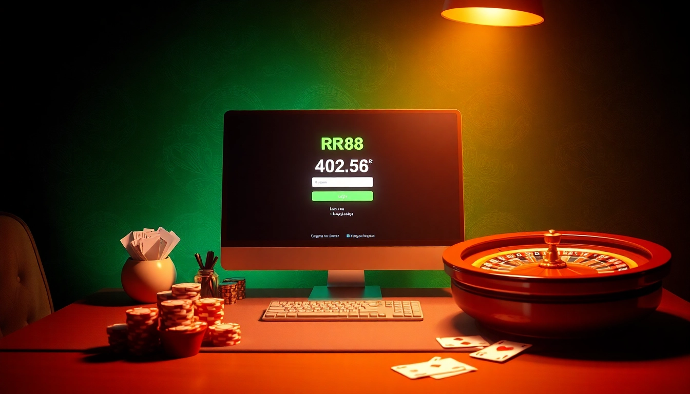 Log into RR88 for an exciting gambling experience filled with poker chips and casino games.