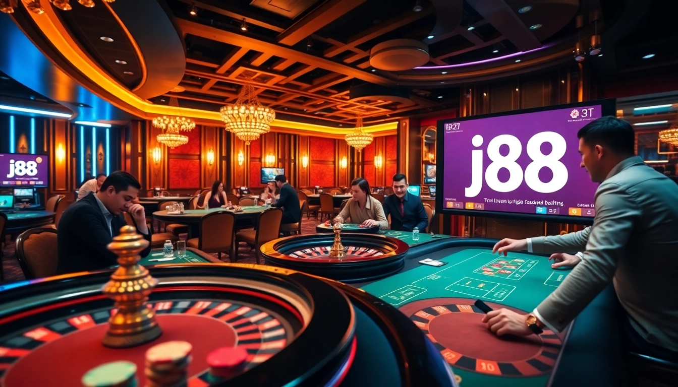 A dynamic casino scene showcasing j88 gaming excitement with poker chips and roulette wheel.