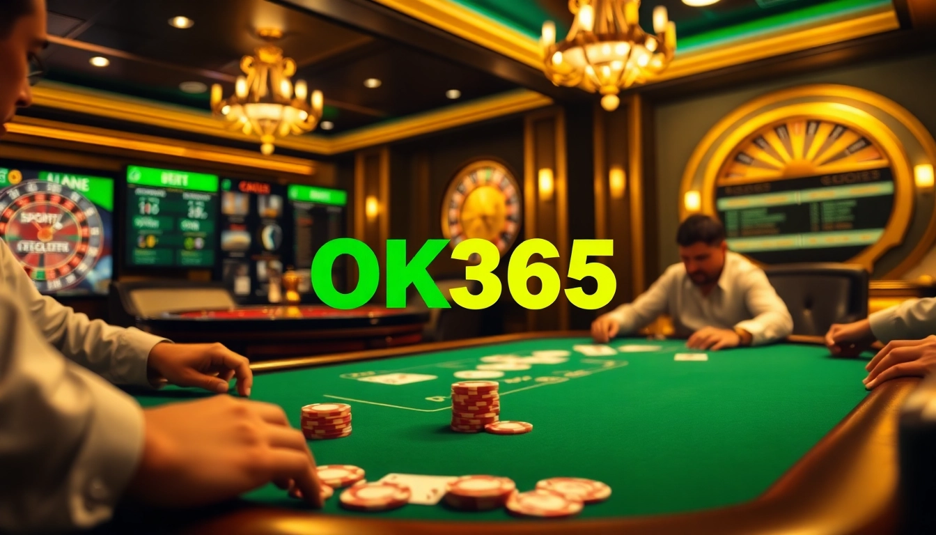 Players immerse in a thrilling poker game at OK365 casino, showcasing excitement and strategy.